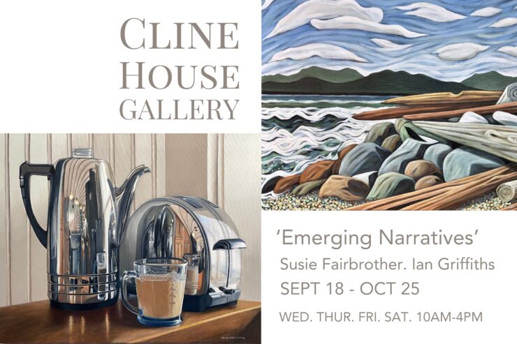 Cline House exhibition show card for emerging narratives